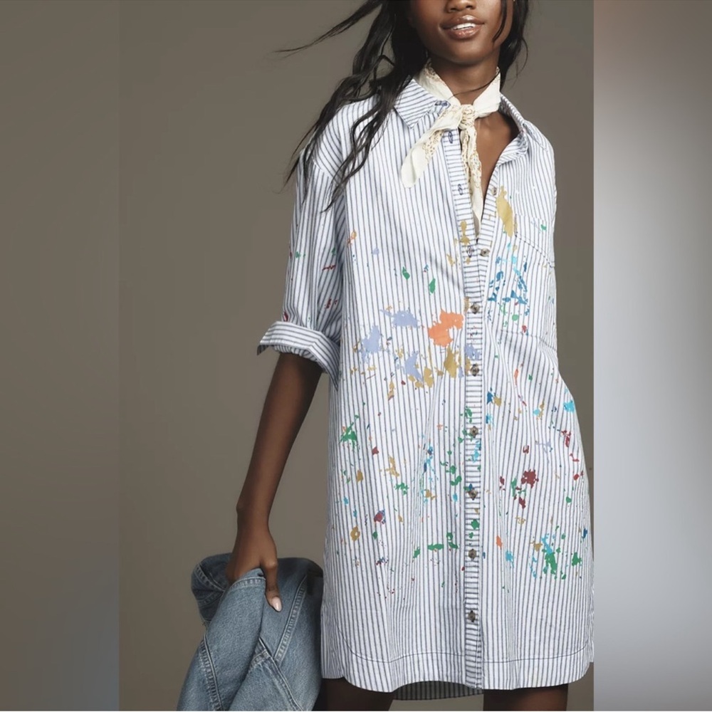 Anthropologie Pilcro Paint Splatter Long-Sleeve Shirt Dress Size Large - Picture 5 of 9